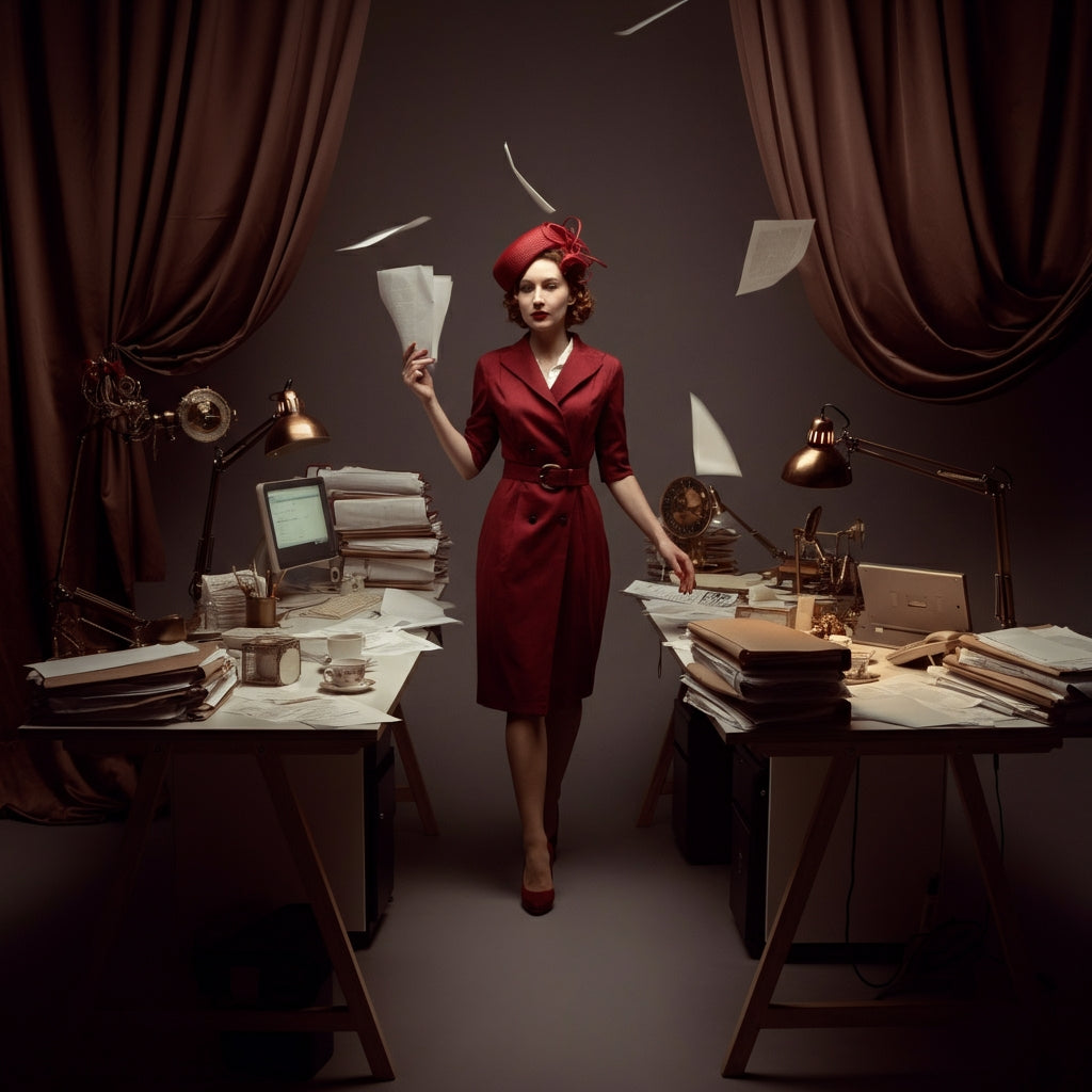 a woman with a red dress and fancy hat throwing paper in an office