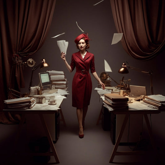 a woman with a red dress and fancy hat throwing paper in an office